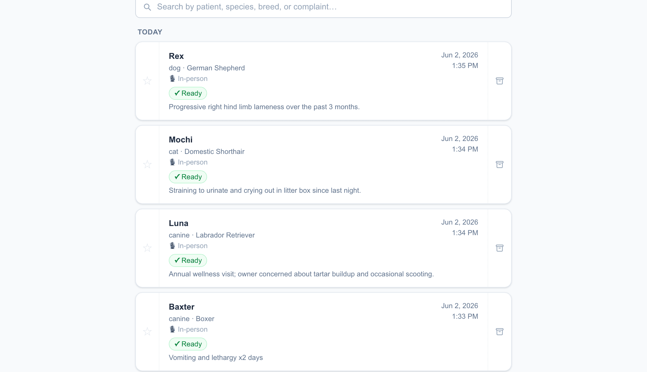 The VetScribe visit list showing several recent patient visits