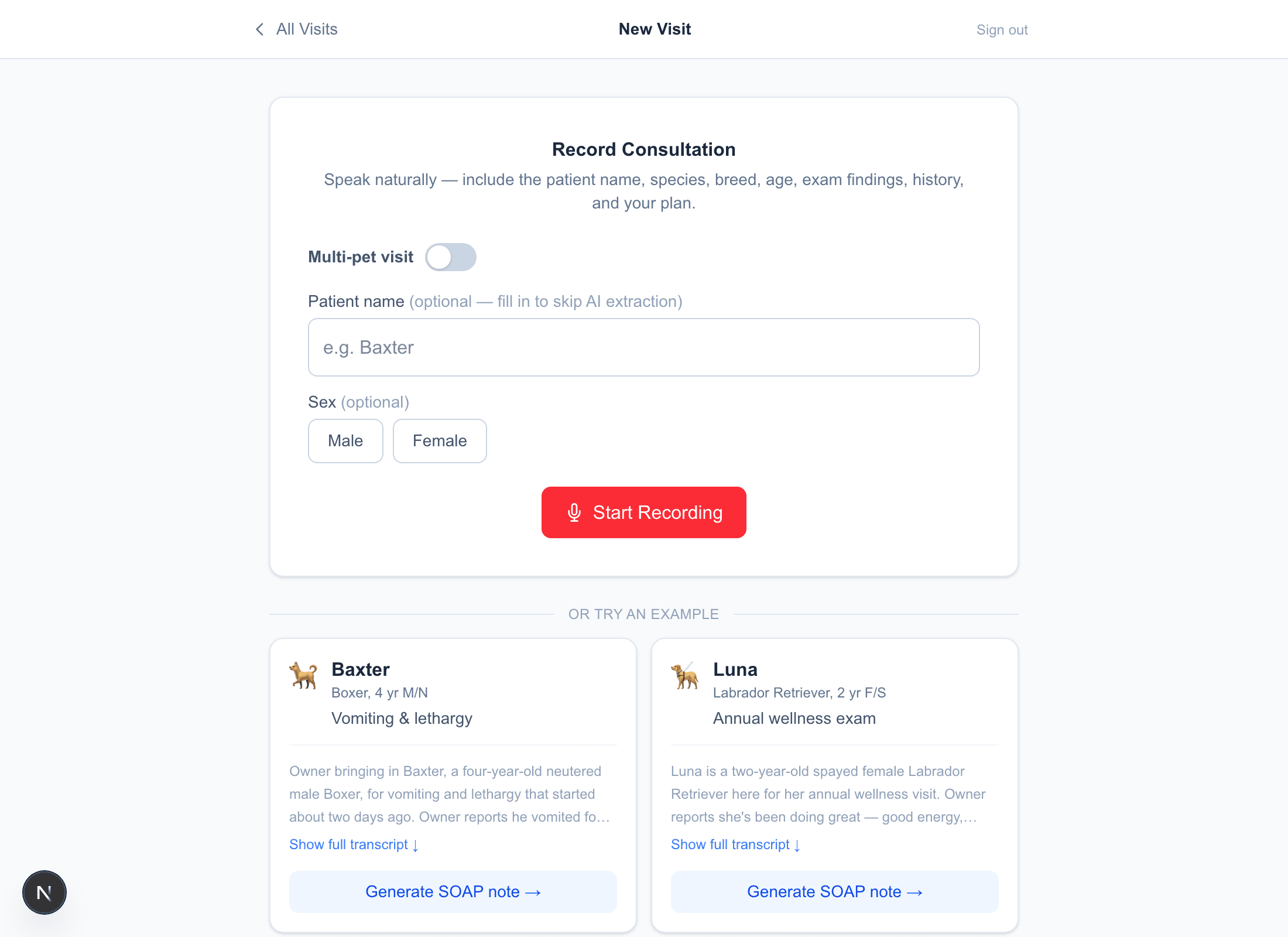 The Record Consultation screen in VetScribe with a Start Recording button and example cases