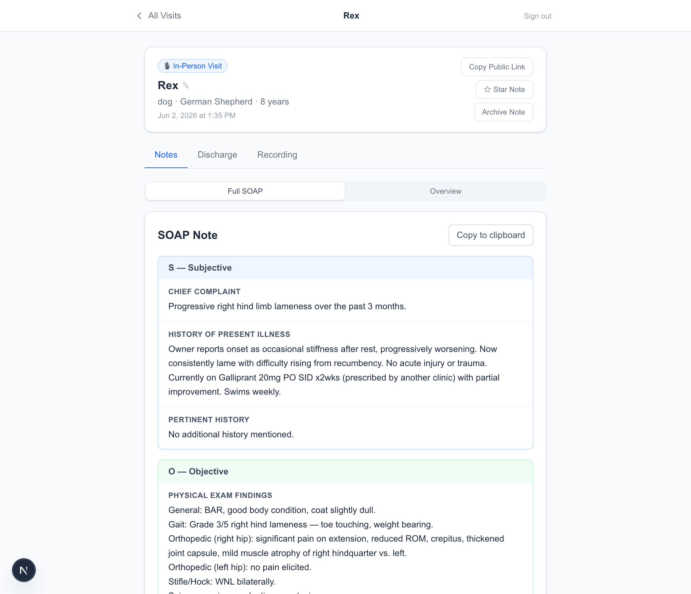 A generated SOAP note in VetScribe
